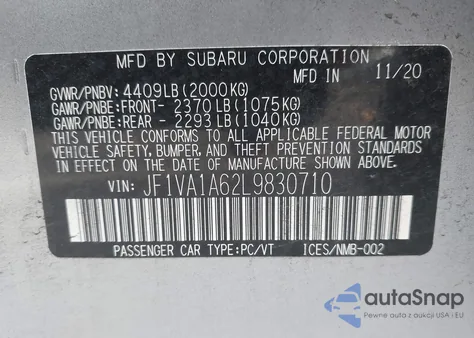 2020 Subaru Wrx из США, поврежденный, VIN JF1VA1A62L9830710